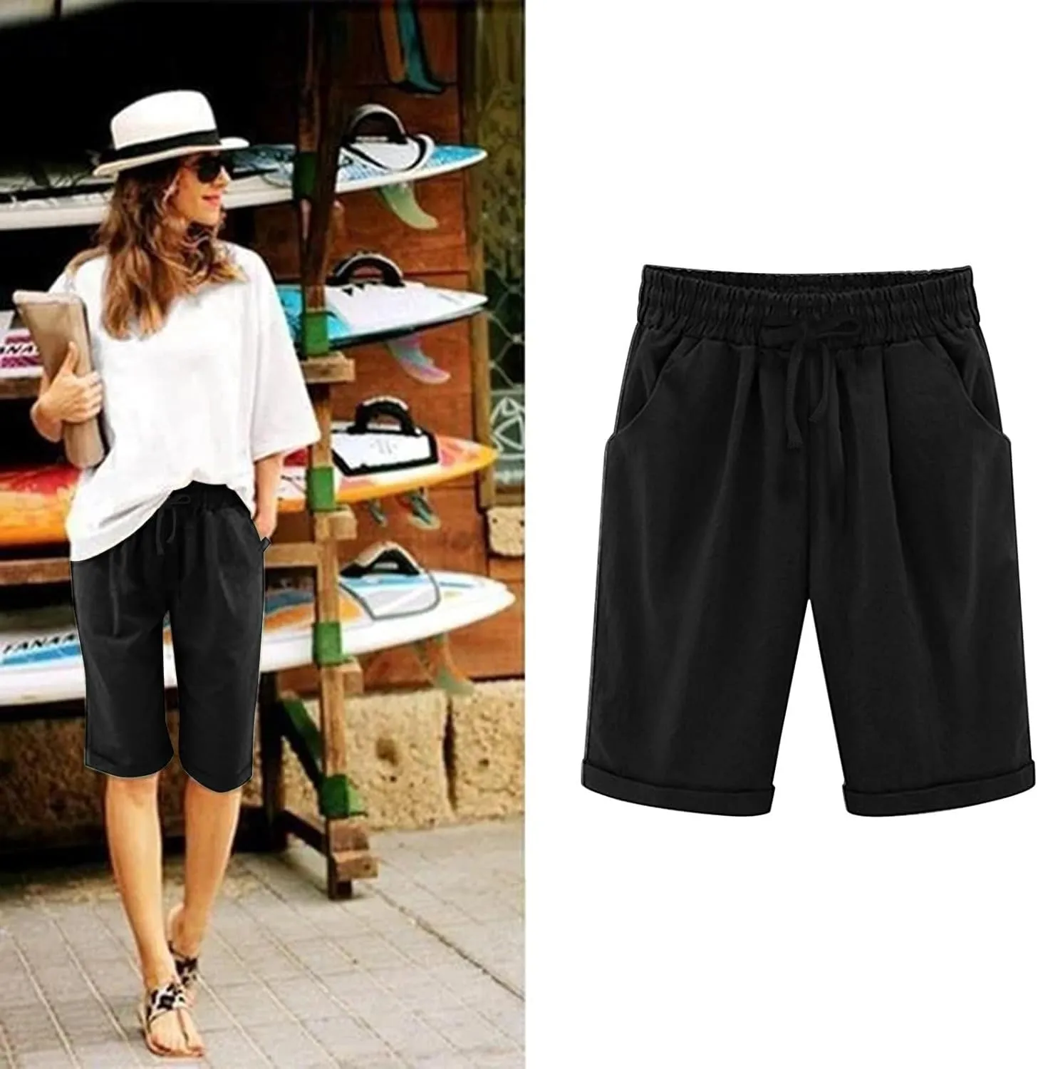 Bermuda Shorts for Women Cotton Linen Drawstring Summer Elastic High Waisted Shorts Loose Comfy Beach Trendy Shorts