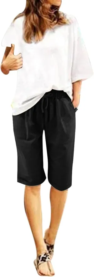 Bermuda Shorts for Women Cotton Linen Drawstring Summer Elastic High Waisted Shorts Loose Comfy Beach Trendy Shorts