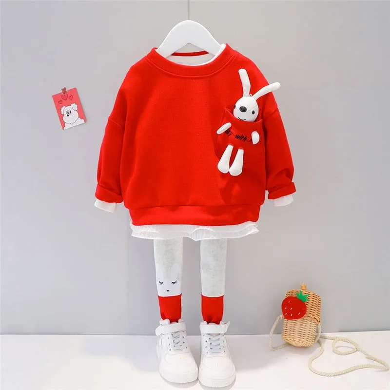 Bunny Pendent Lace Trim Long-sleeved Pullover and Leggings