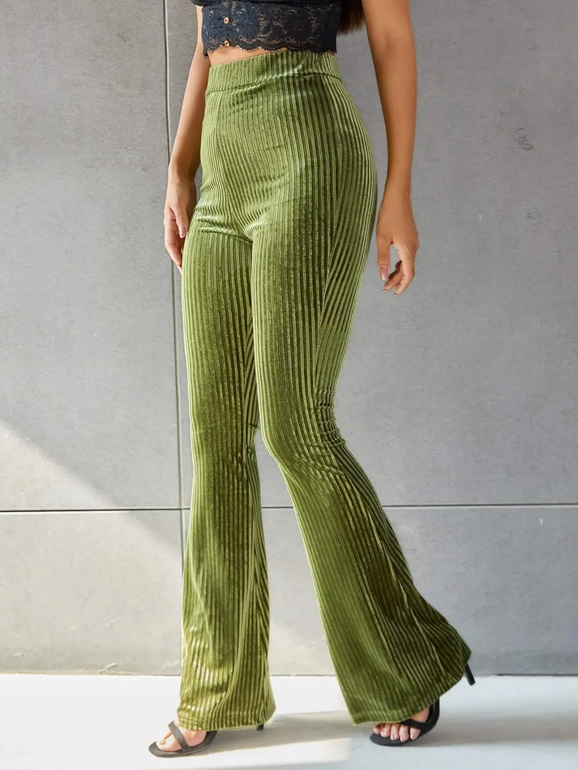 Floerns Women's Velvet Elastic Waist Flare Leg Palazzo Long Pants Trousers