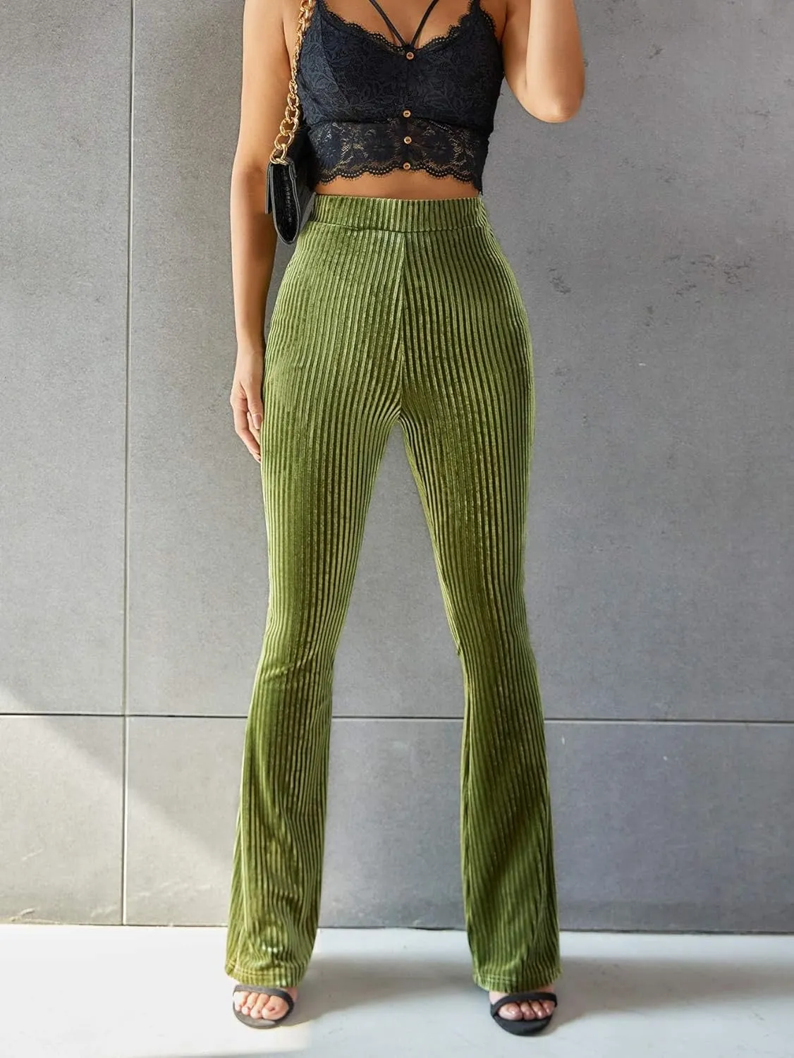 Floerns Women's Velvet Elastic Waist Flare Leg Palazzo Long Pants Trousers