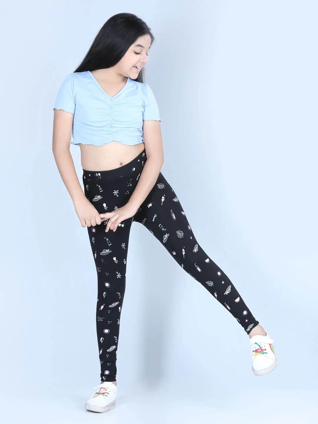 Girl's Holiday Inspired Printed Leggings With Flat Waistband- Black - Stylestone Kid