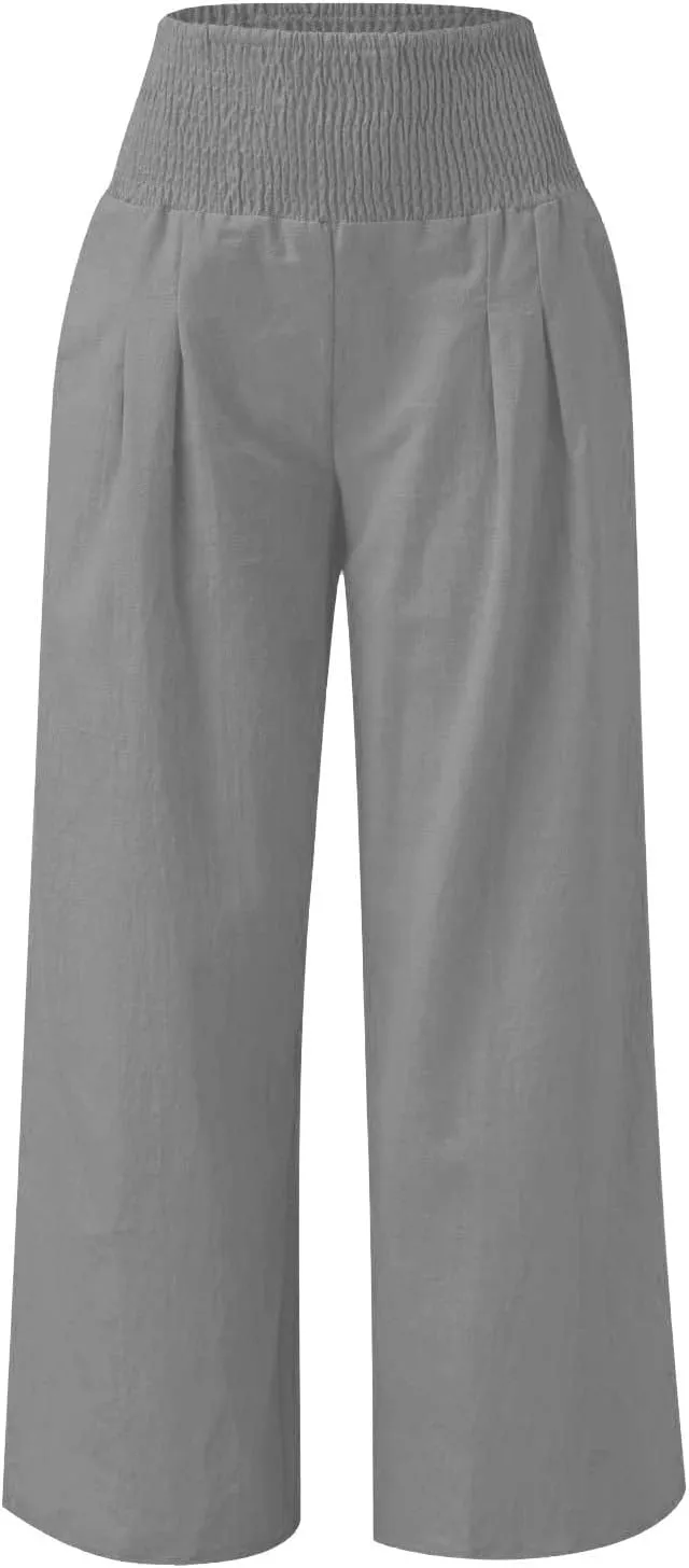Girls Summer Cotton Linen Wide Leg Pants Drawstring High Waist Palazzo Flowy Beach Trousers with Pockets