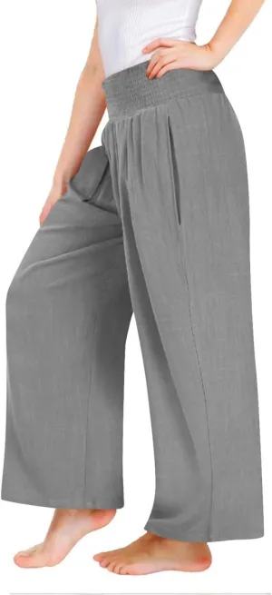 Girls Summer Cotton Linen Wide Leg Pants Drawstring High Waist Palazzo Flowy Beach Trousers with Pockets