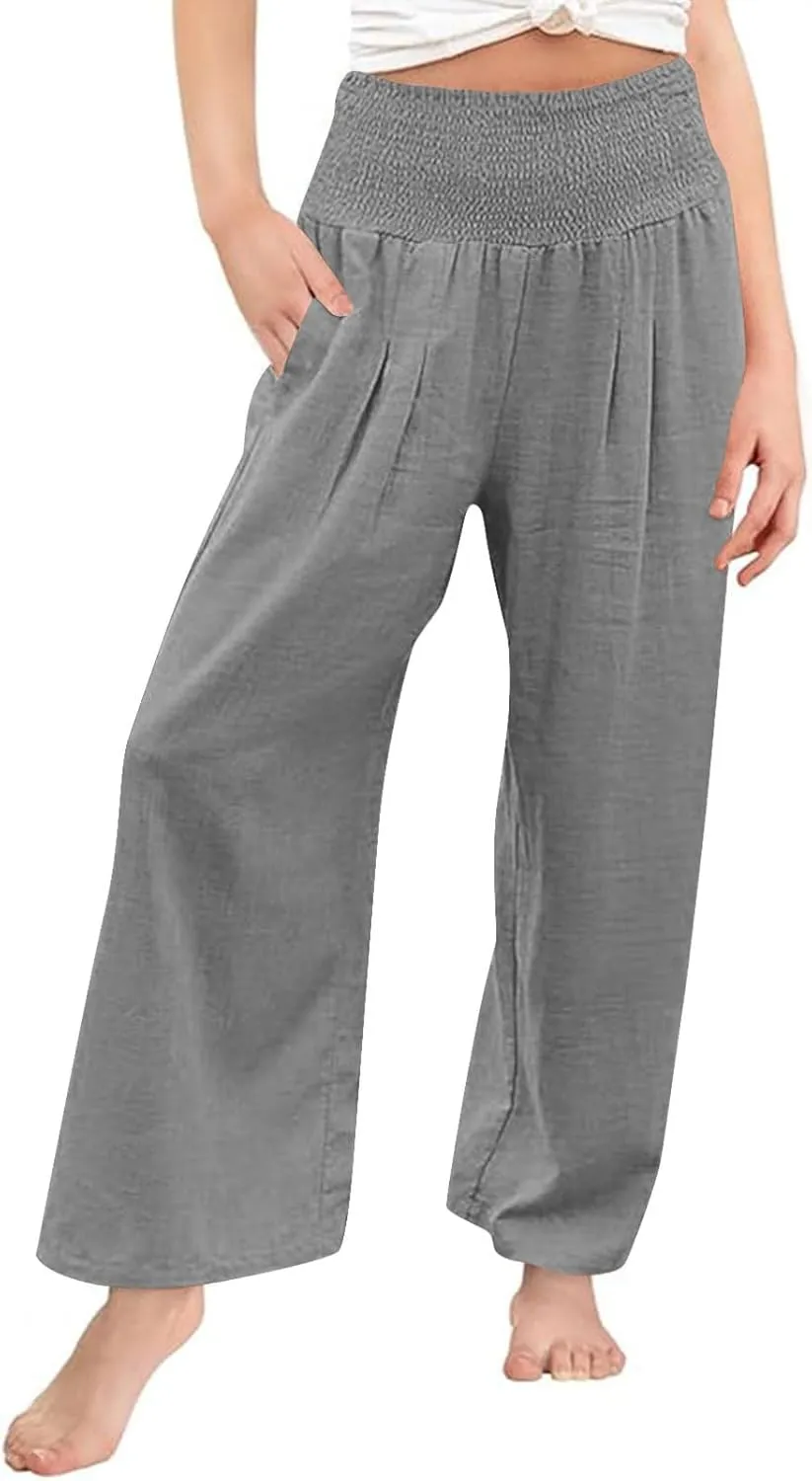 Girls Summer Cotton Linen Wide Leg Pants Drawstring High Waist Palazzo Flowy Beach Trousers with Pockets