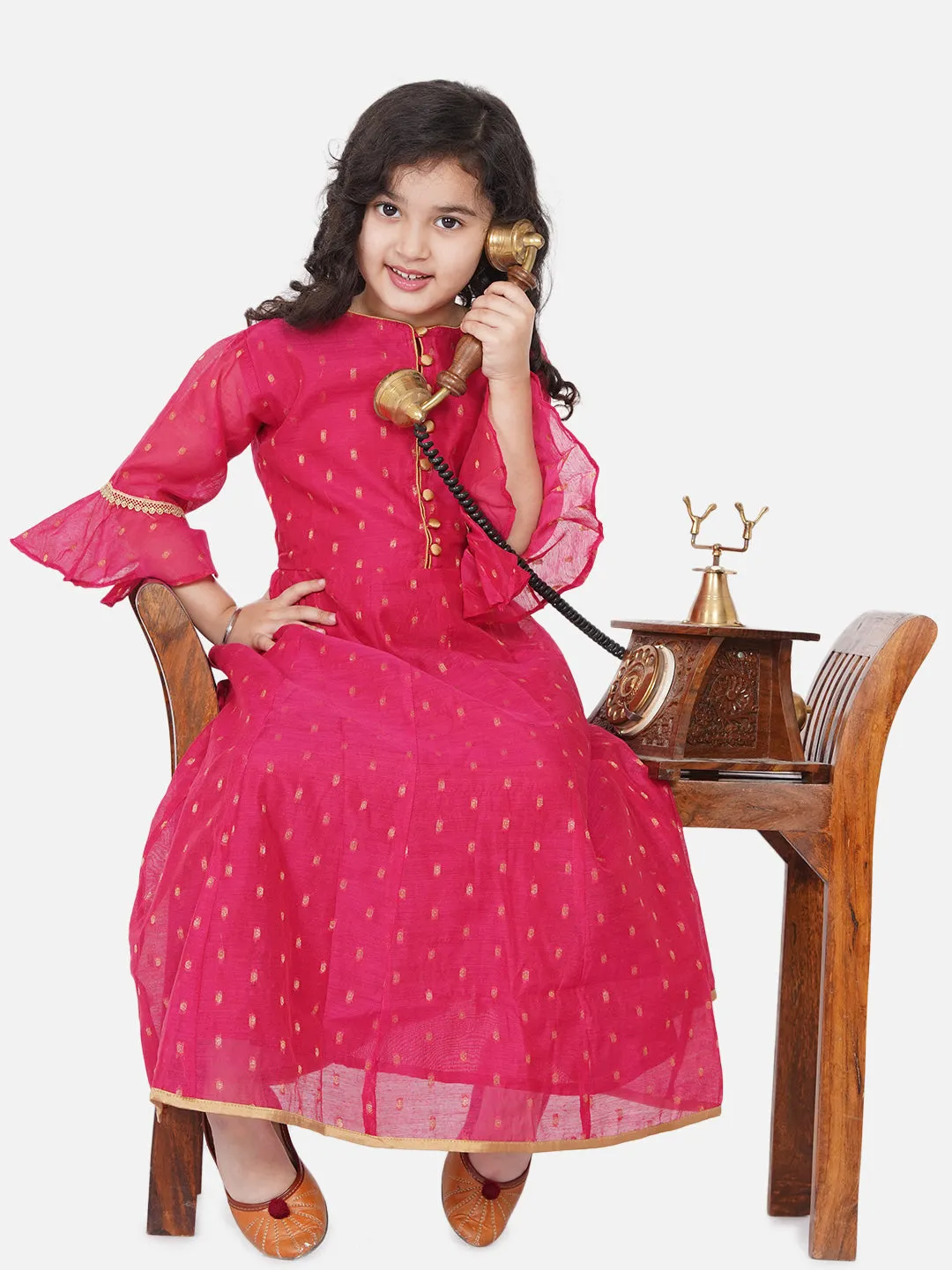 Jashvi Girls Pink Bell Sleeves Ethnic Maxi Dress