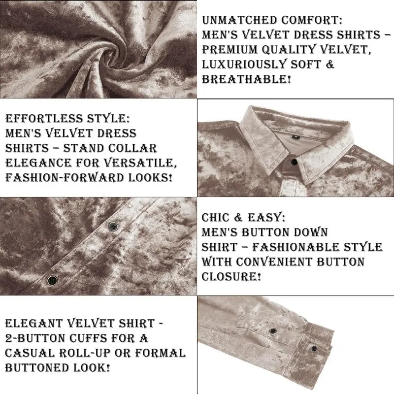 KISSQIQI Mens Dress Shirts Velvet Long Sleeve Shirts Casual Button Down Solid Slim Fit Muscle Shirt for Wedding Party