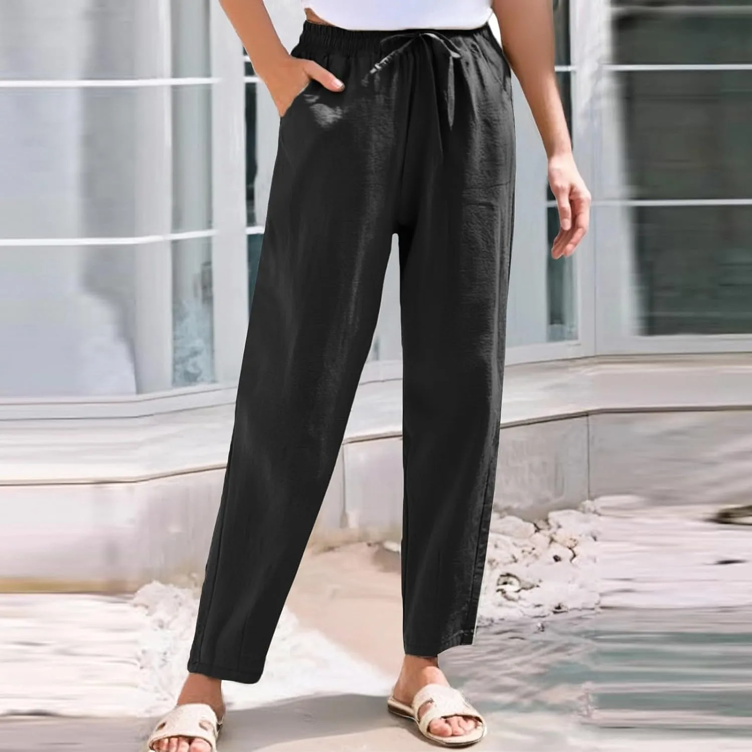 Linen Pants for Women 2025 Drawstring Lounge Trousers Elastic Waist Summer Beach Pant Outfits with Pockets