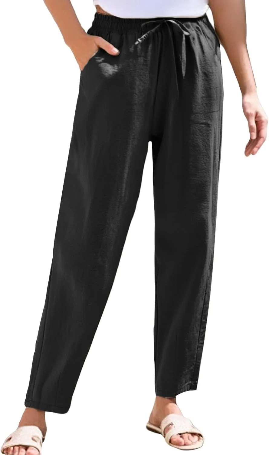 Linen Pants for Women 2025 Drawstring Lounge Trousers Elastic Waist Summer Beach Pant Outfits with Pockets