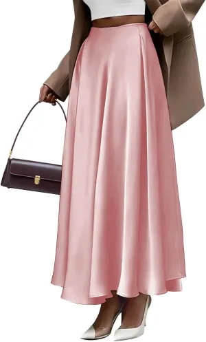 Long Skirts for Women 2025 Summer Vacation Satin Elastic High Waisted A Line Slip Skirt Elegant Work Office Flowy Maxi Skirt