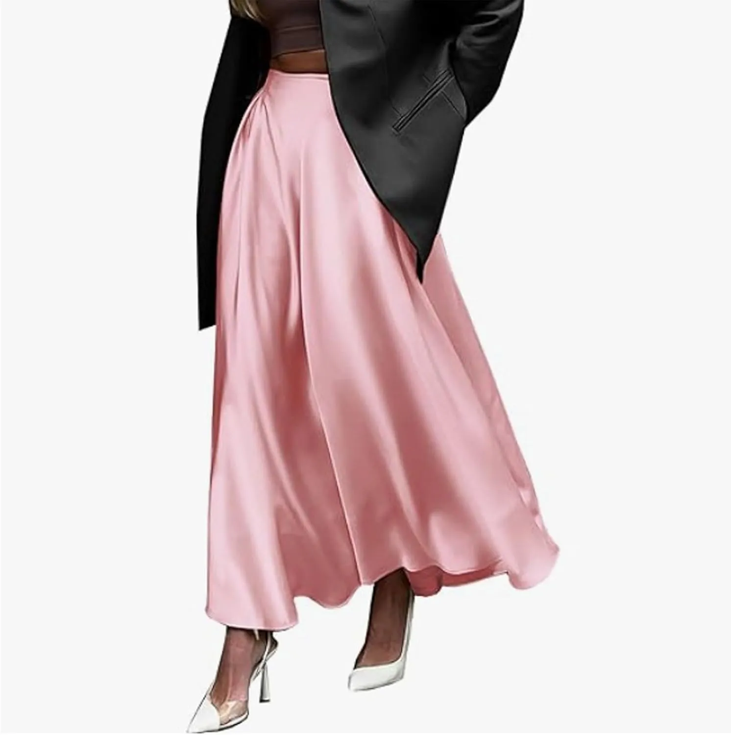 Long Skirts for Women 2025 Summer Vacation Satin Elastic High Waisted A Line Slip Skirt Elegant Work Office Flowy Maxi Skirt