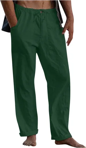 Men's Casual Linen Pants Drawstring Elastic Waist Summer Beach Pants Yoga Workout Trousers with Pockets