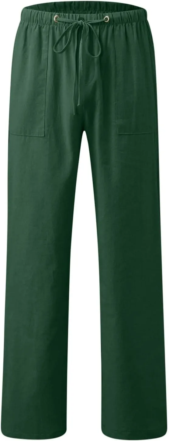 Men's Casual Linen Pants Drawstring Elastic Waist Summer Beach Pants Yoga Workout Trousers with Pockets