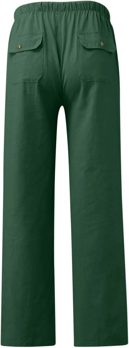 Men's Casual Linen Pants Drawstring Elastic Waist Summer Beach Pants Yoga Workout Trousers with Pockets
