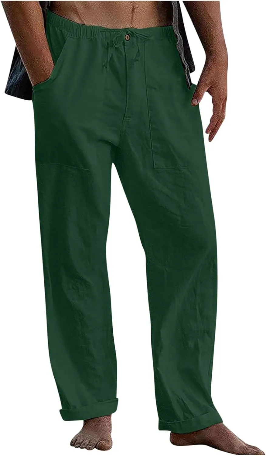 Men's Casual Linen Pants Drawstring Elastic Waist Summer Beach Pants Yoga Workout Trousers with Pockets