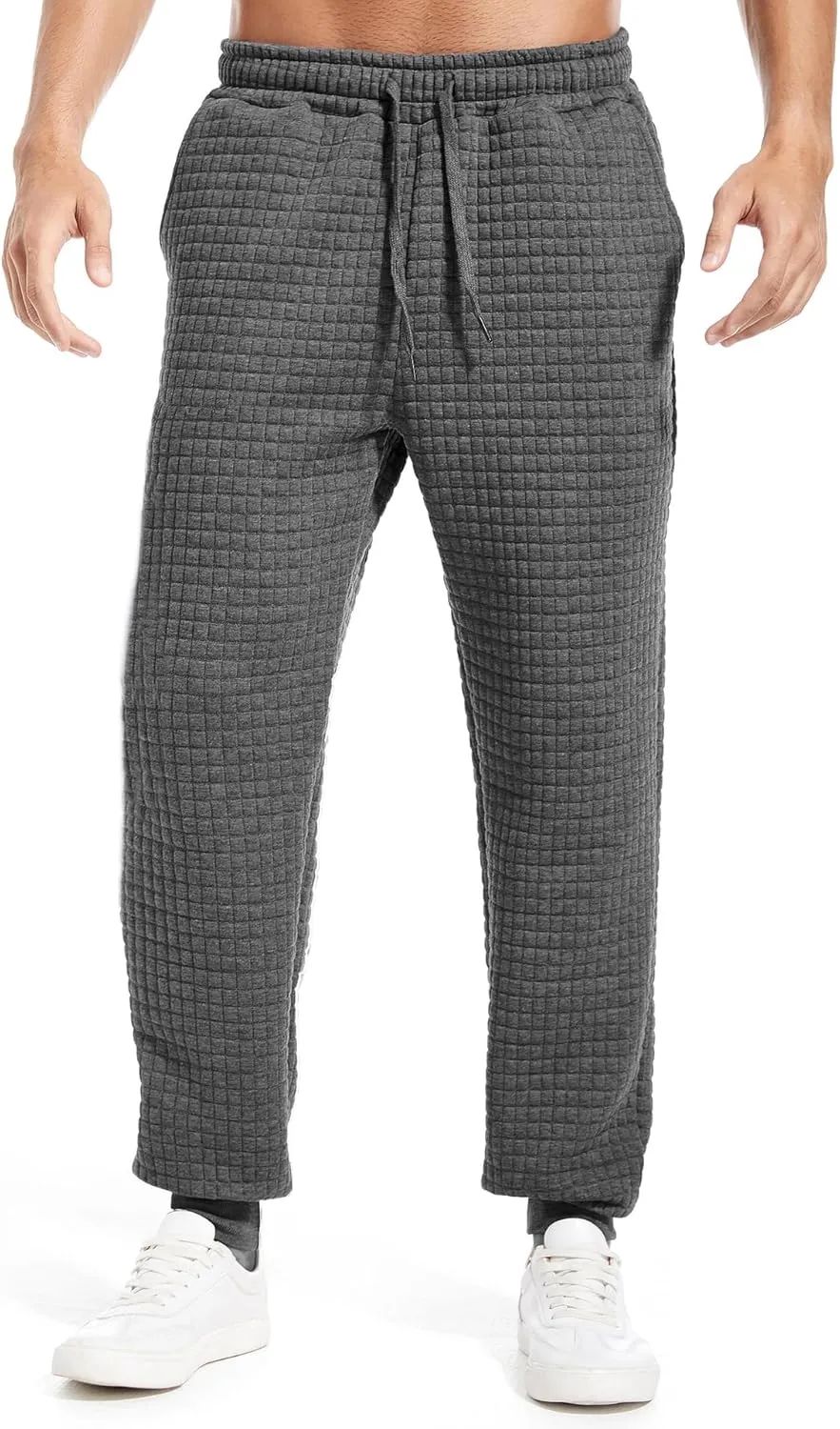 Mens Casual Pants Elastic Waist Drawstring Tapered Pants Waffle Chino Athletic Joggers Pants with Pockets