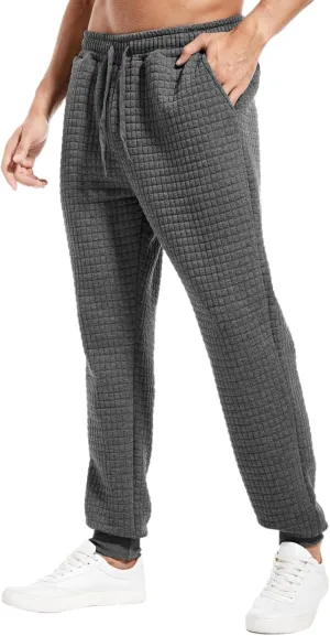 Mens Casual Pants Elastic Waist Drawstring Tapered Pants Waffle Chino Athletic Joggers Pants with Pockets