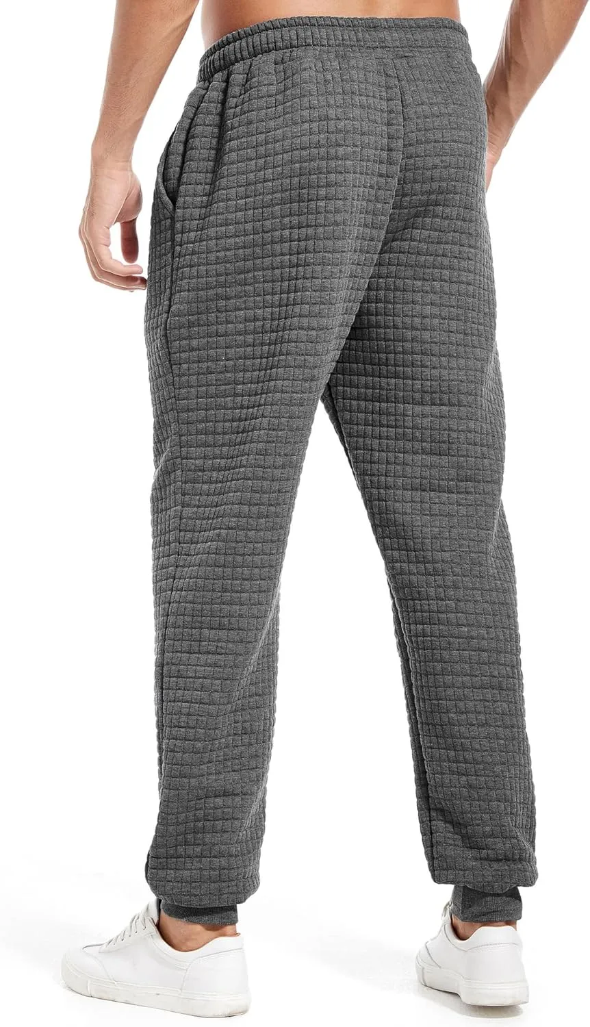 Mens Casual Pants Elastic Waist Drawstring Tapered Pants Waffle Chino Athletic Joggers Pants with Pockets