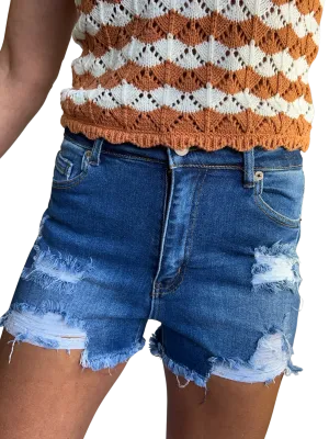 Mid Rise Destructed Denim Shorts with Frayed Hem