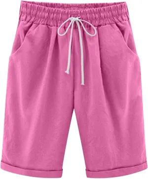Qeaghou Bermuda Shorts for Women Knee Length Cotton Linen Casual Shorts Drawstring High Waisted Shorts Jogger Athletic Shorts