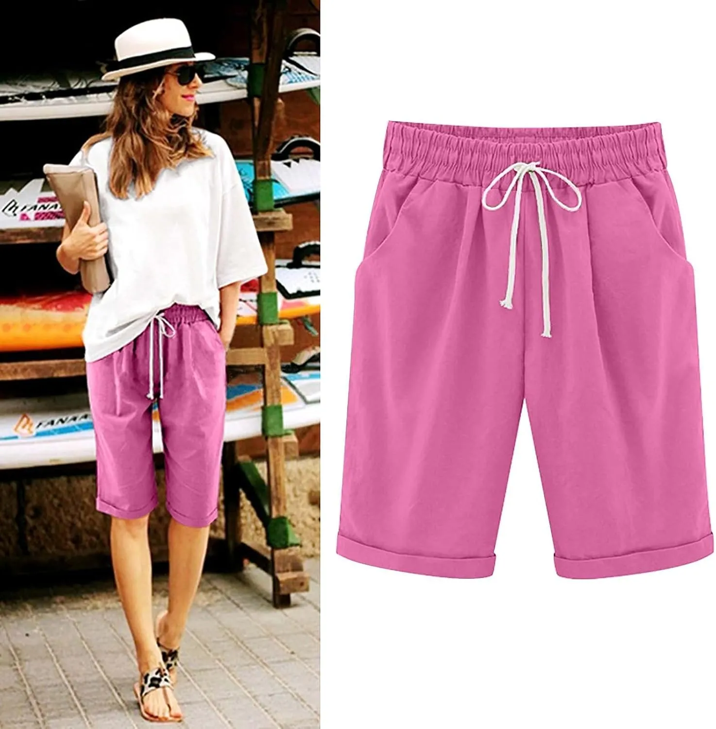 Qeaghou Bermuda Shorts for Women Knee Length Cotton Linen Casual Shorts Drawstring High Waisted Shorts Jogger Athletic Shorts
