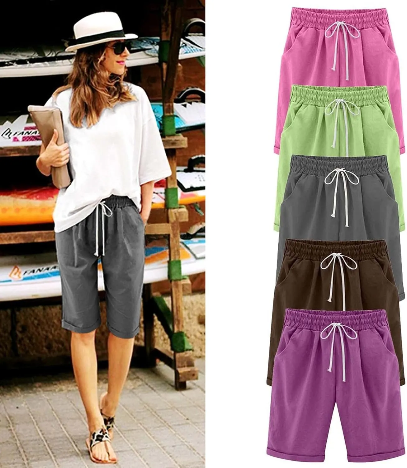 Qeaghou Bermuda Shorts for Women Knee Length Cotton Linen Casual Shorts Drawstring High Waisted Shorts Jogger Athletic Shorts