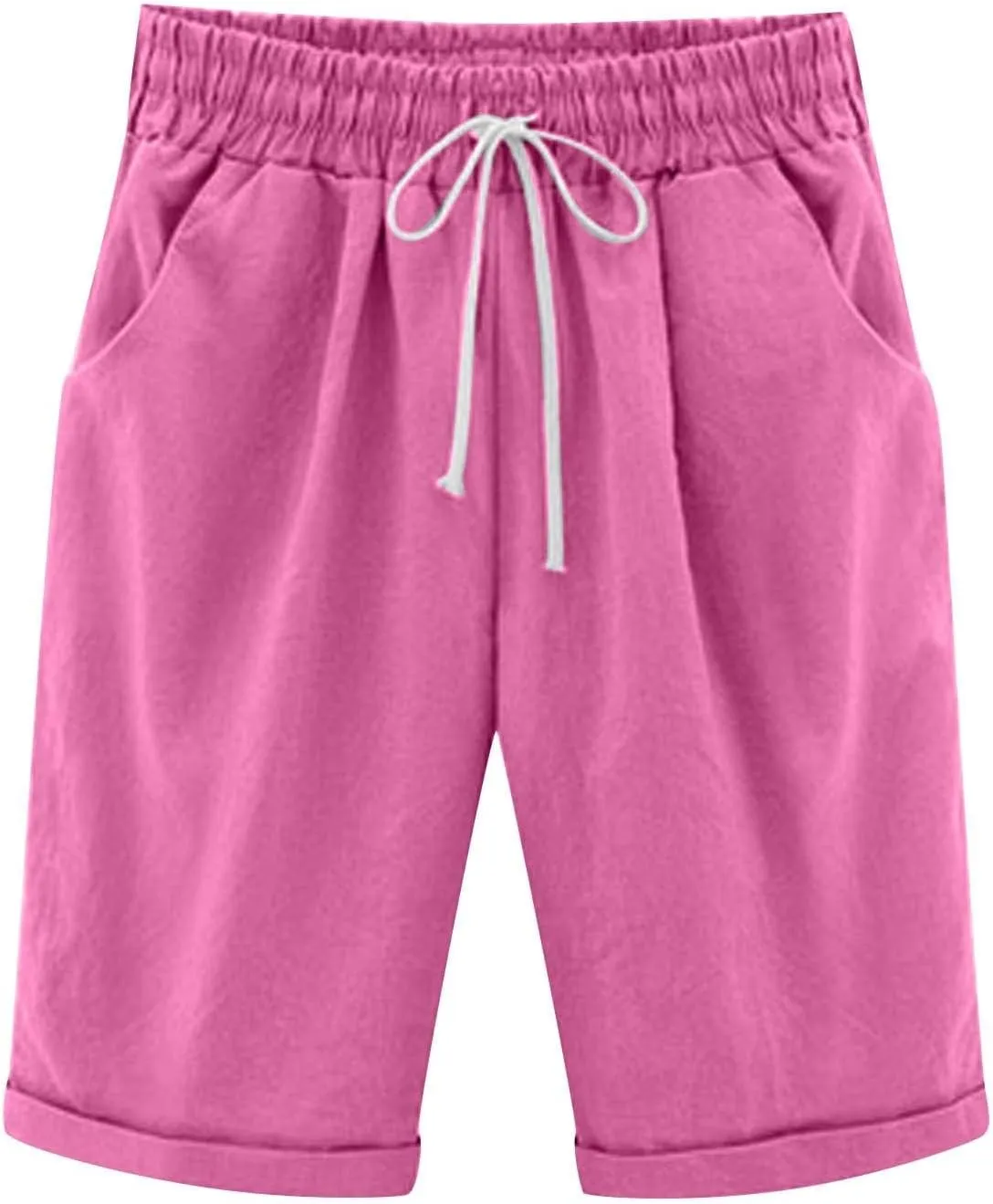Qeaghou Bermuda Shorts for Women Knee Length Cotton Linen Casual Shorts Drawstring High Waisted Shorts Jogger Athletic Shorts