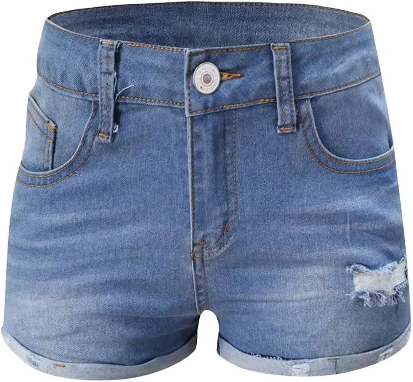 Ripped Denim Shorts for Women High Waisted Stretchable Solid Trendy Boyfriend Jean Shorts Folded Hem Hot Shorts