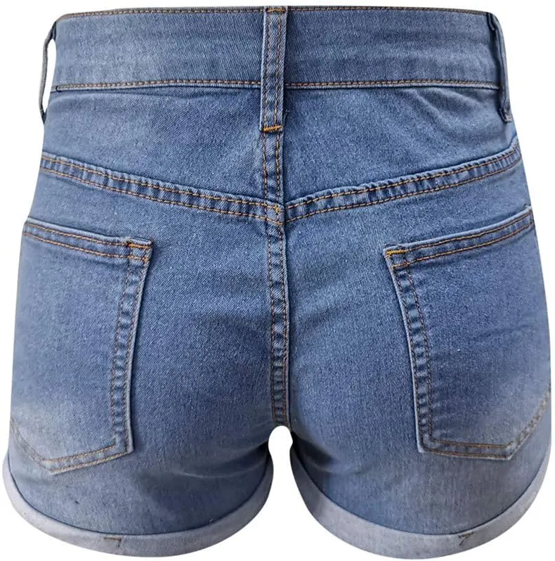Ripped Denim Shorts for Women High Waisted Stretchable Solid Trendy Boyfriend Jean Shorts Folded Hem Hot Shorts