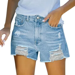 Shorts for Women Denim Trendy Mid Waisted Stretchy Vintage Shorts Jeans Plain Color Frayed Hem Slim Shorts