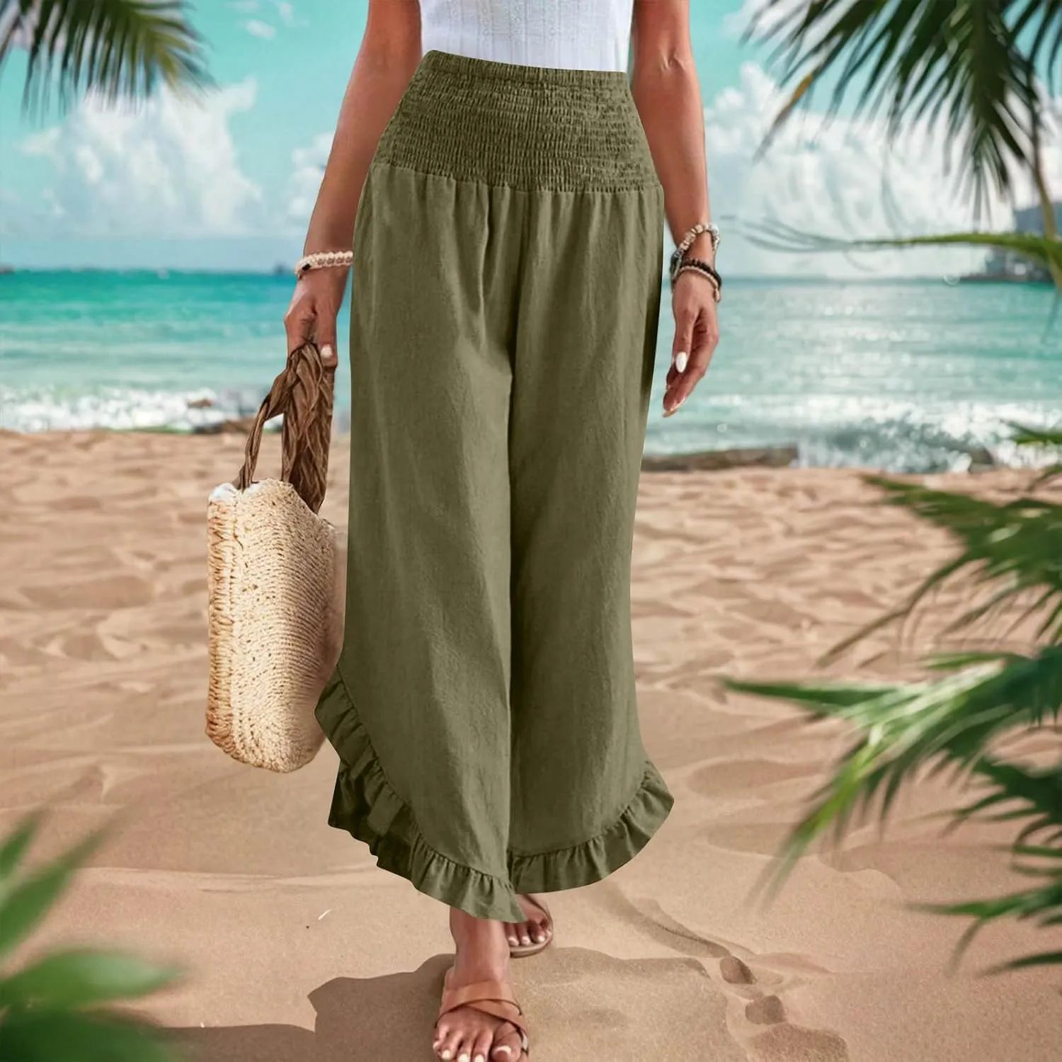 Summer Linen Pants Women Wide Leg Ruffle Hem Pants High Waisted Palazzo Trousers Boho Flowy Beach Pant with Pocket