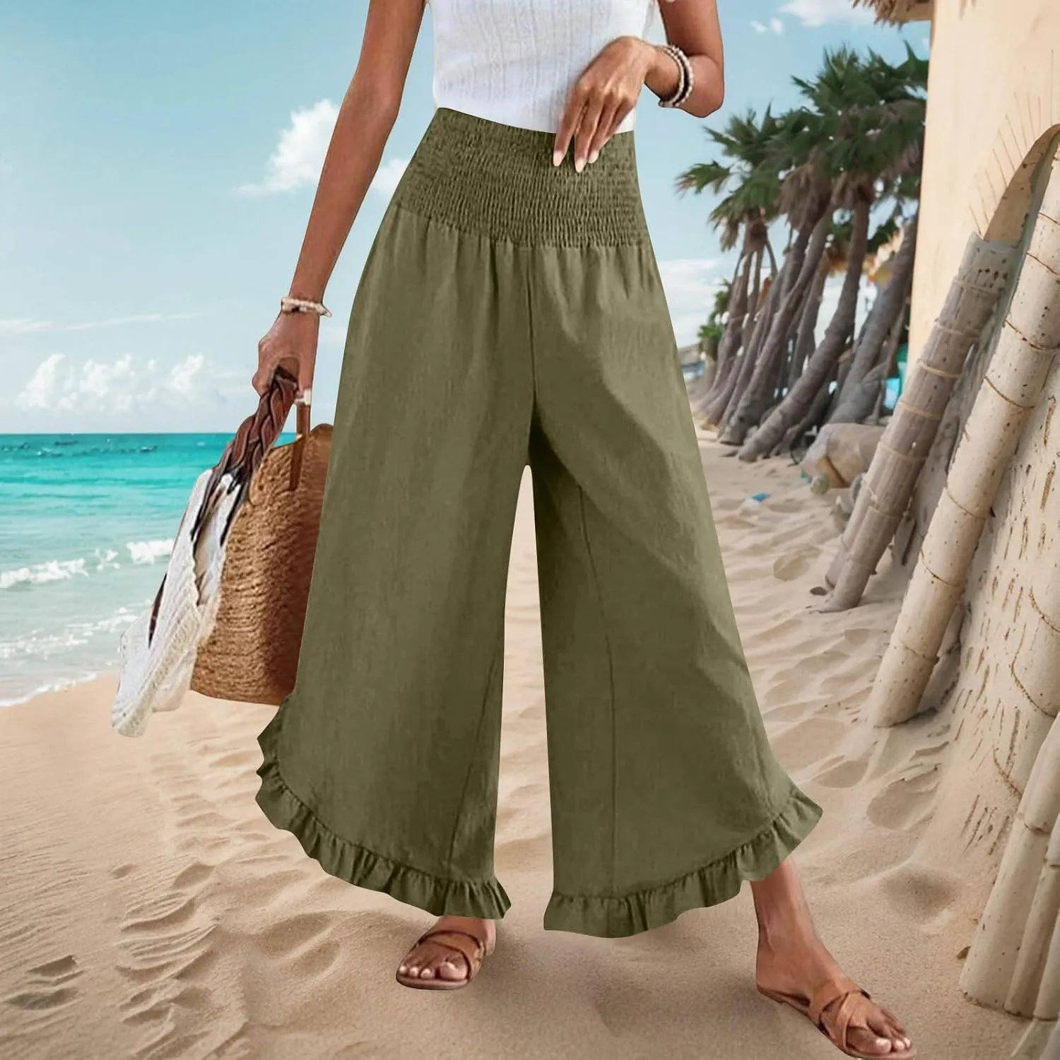 Summer Linen Pants Women Wide Leg Ruffle Hem Pants High Waisted Palazzo Trousers Boho Flowy Beach Pant with Pocket