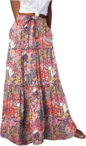 Women Boho Beach Skirt Summer Casual Flowy A-Line Maxi Skirts Drawstring High Waist Loose Fit Layered Long Skirt