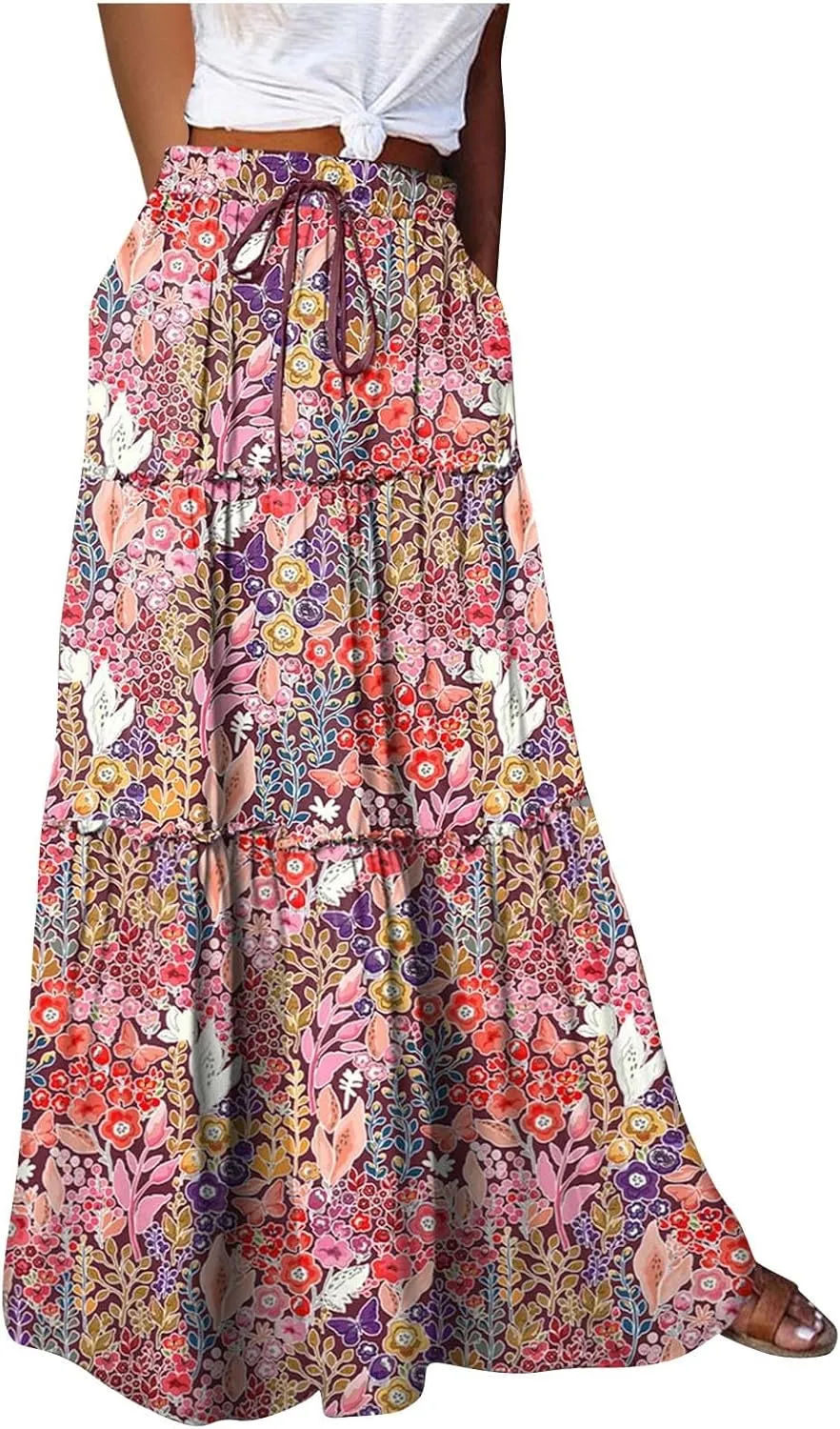 Women Boho Beach Skirt Summer Casual Flowy A-Line Maxi Skirts Drawstring High Waist Loose Fit Layered Long Skirt