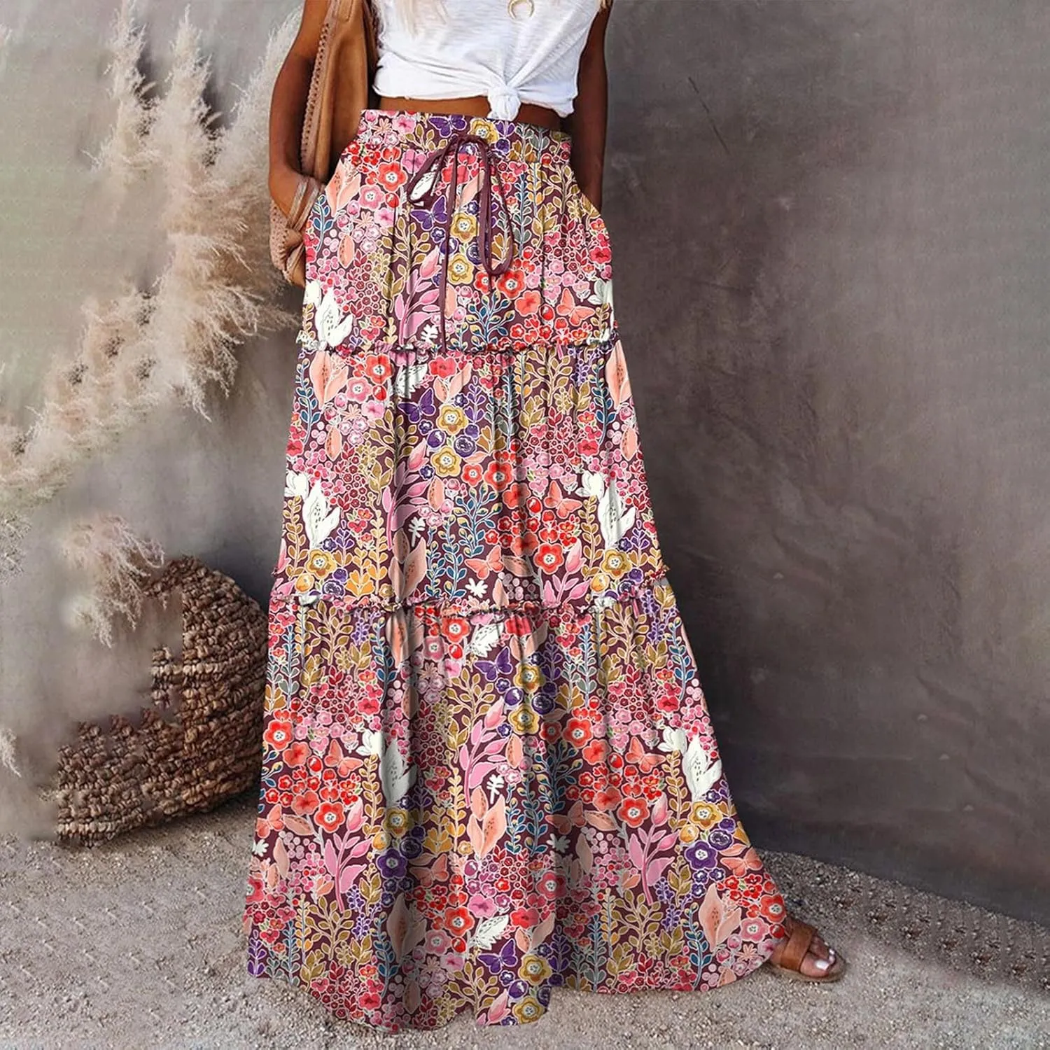 Women Boho Beach Skirt Summer Casual Flowy A-Line Maxi Skirts Drawstring High Waist Loose Fit Layered Long Skirt