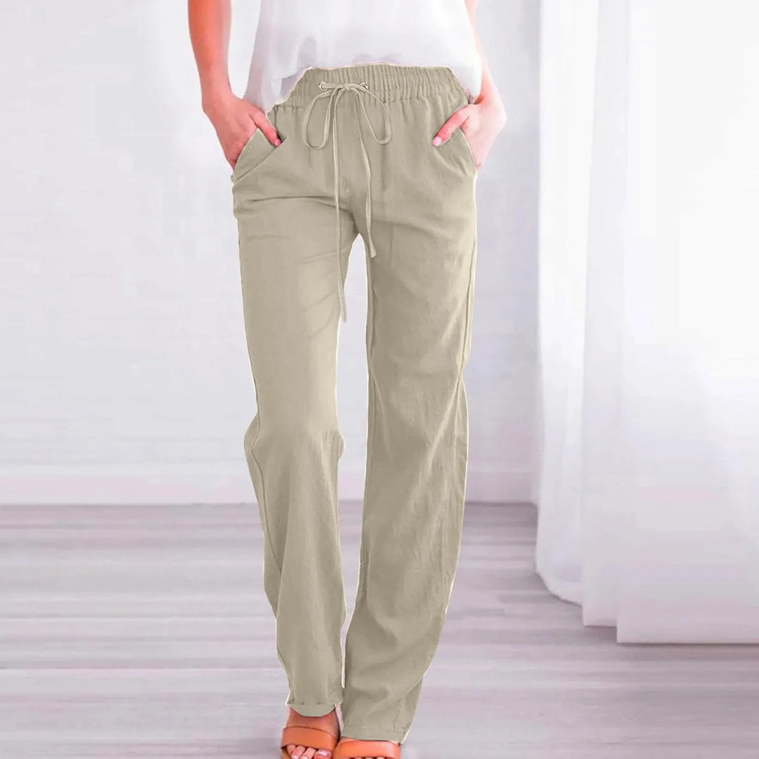 Women High Waisted Wide Leg Pants Casual Drawstring Elastic Trousers Comfy Straight Leg Long Pants with Pockets