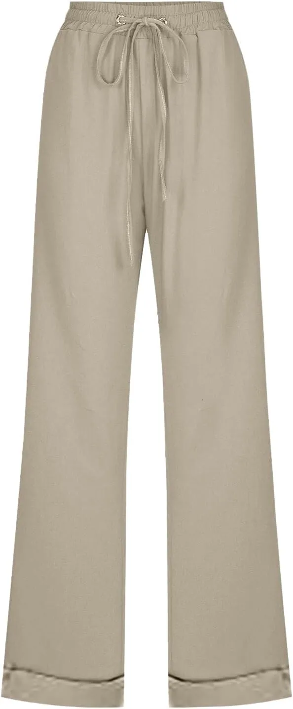 Women High Waisted Wide Leg Pants Casual Drawstring Elastic Trousers Comfy Straight Leg Long Pants with Pockets