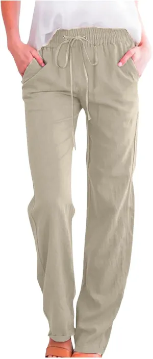 Women High Waisted Wide Leg Pants Casual Drawstring Elastic Trousers Comfy Straight Leg Long Pants with Pockets