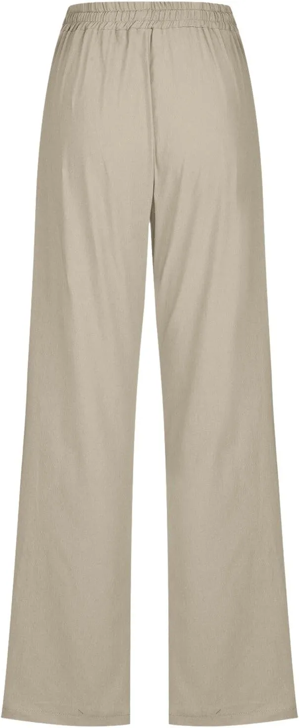 Women High Waisted Wide Leg Pants Casual Drawstring Elastic Trousers Comfy Straight Leg Long Pants with Pockets