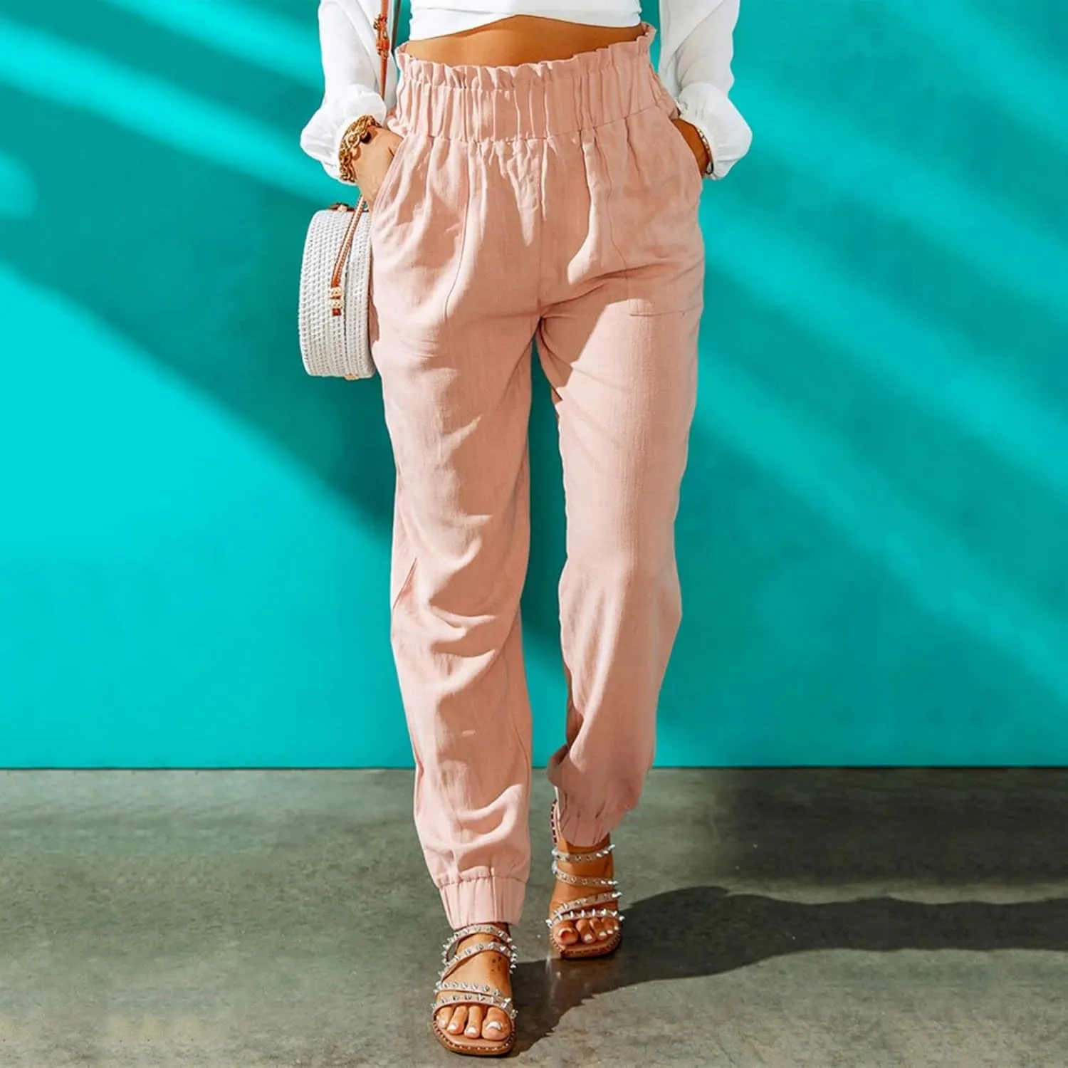 Womens Casual Pants Summer Elastic High Waisted Pants Loose Fit Pleated Straight Leg Trousers Comfort Beach Pant