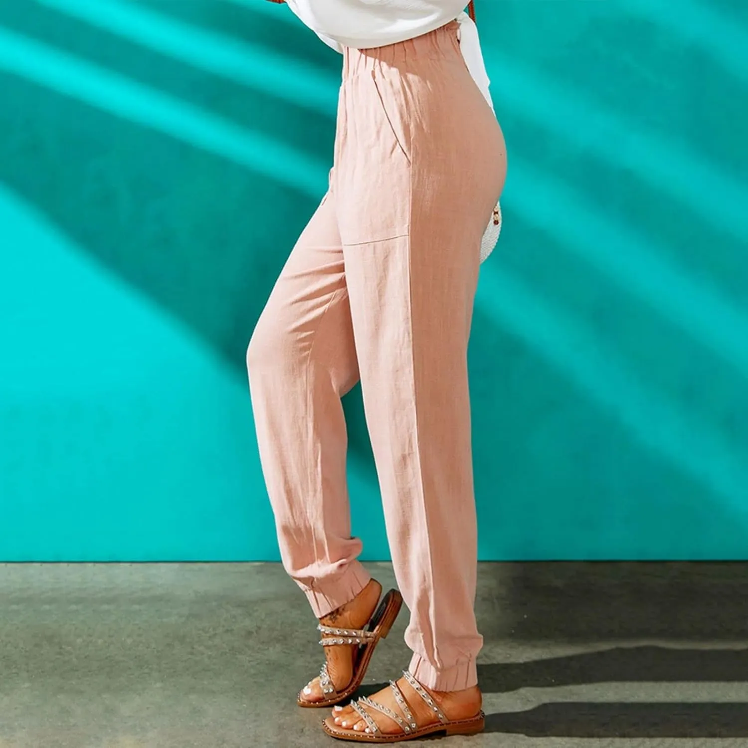 Womens Casual Pants Summer Elastic High Waisted Pants Loose Fit Pleated Straight Leg Trousers Comfort Beach Pant