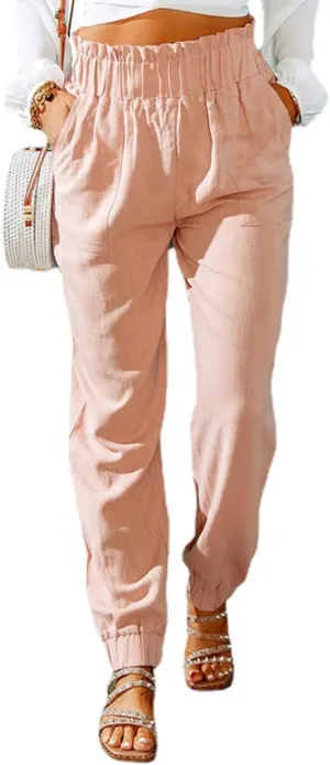 Womens Casual Pants Summer Elastic High Waisted Pants Loose Fit Pleated Straight Leg Trousers Comfort Beach Pant