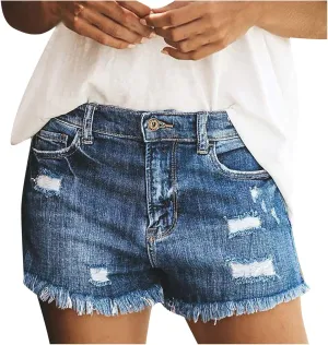 Women's High Waisted Denim Shorts Ripped Distressed Stretchy Casual Jeans Shorts Vintage Raw Hem Summer Hot Shorts Pockets