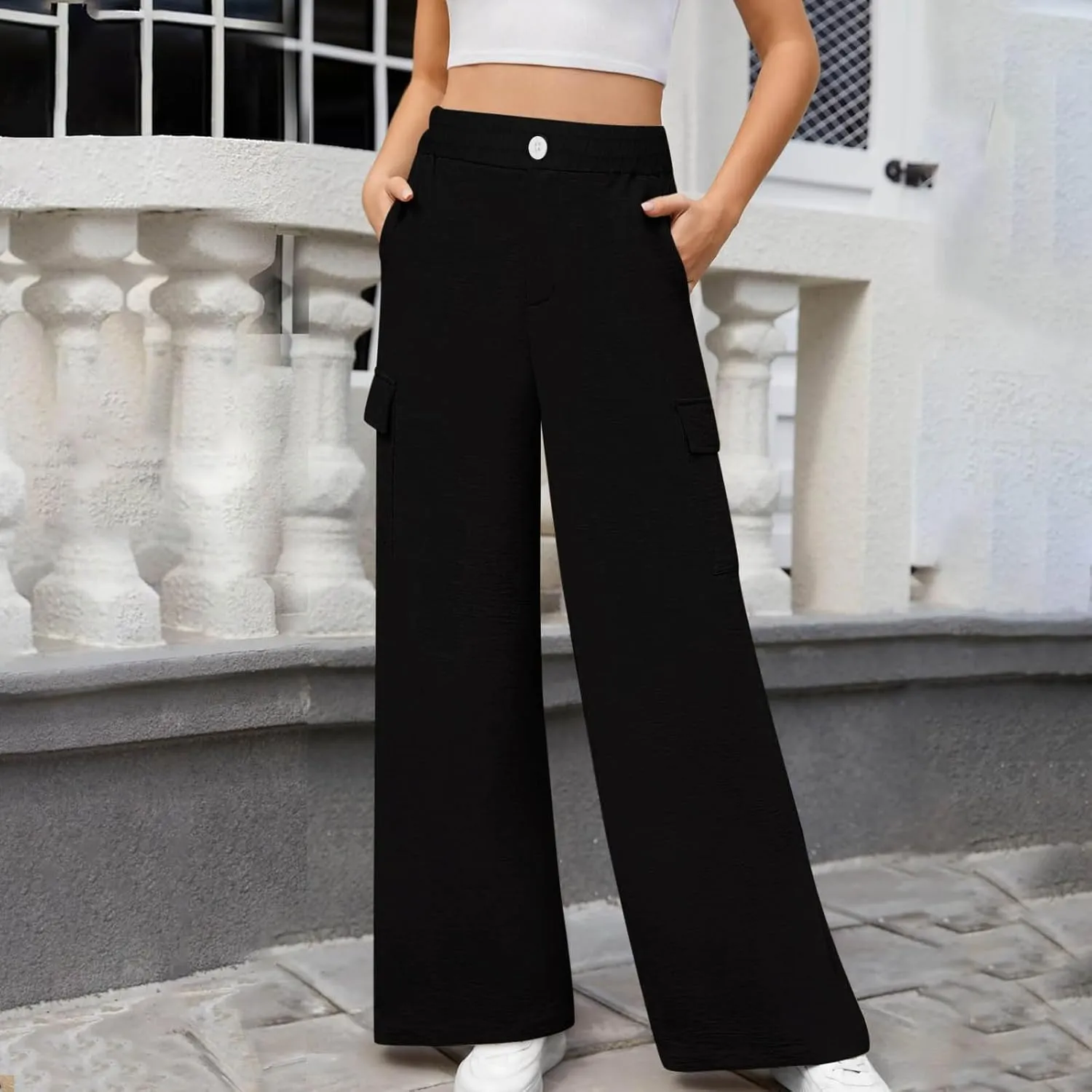 Women's High Waisted Pants Straight Wide Leg Waist Trousers Lightweight Comfort Solid Business Casual Pant