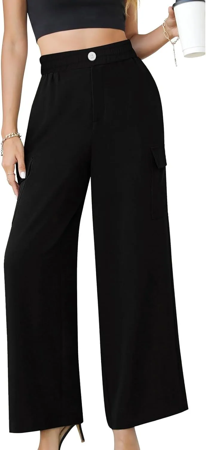 Women's High Waisted Pants Straight Wide Leg Waist Trousers Lightweight Comfort Solid Business Casual Pant