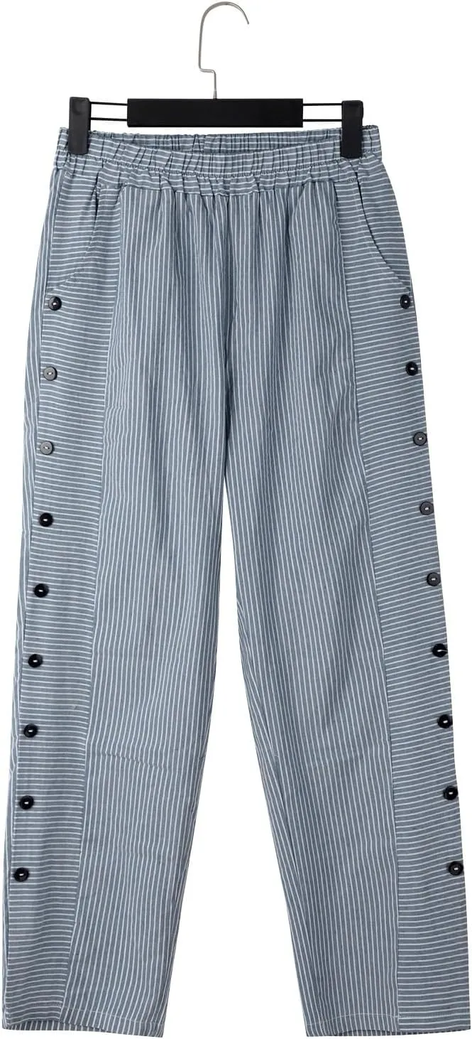 Womens Linen Pants with Pockets Loose Elastic High Waisted Comfy Beach Trousers Retro Summer Lightweight Casual Pants