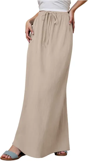 Womens Maxi Skirts Casual Drawstring High Slim Waist Boho Flowy Summer Casual Elegant Beach Vacation 2025 Trendy