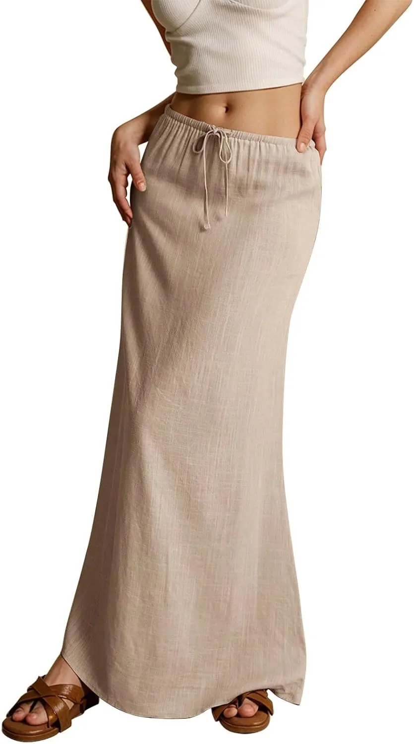 Womens Maxi Skirts Casual Drawstring High Slim Waist Boho Flowy Summer Casual Elegant Beach Vacation 2025 Trendy