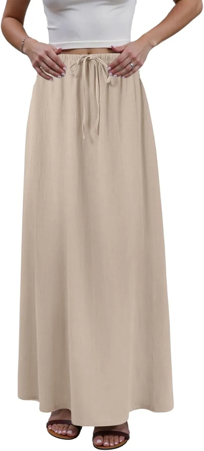 Womens Maxi Skirts Casual Drawstring High Slim Waist Boho Flowy Summer Casual Elegant Beach Vacation 2025 Trendy