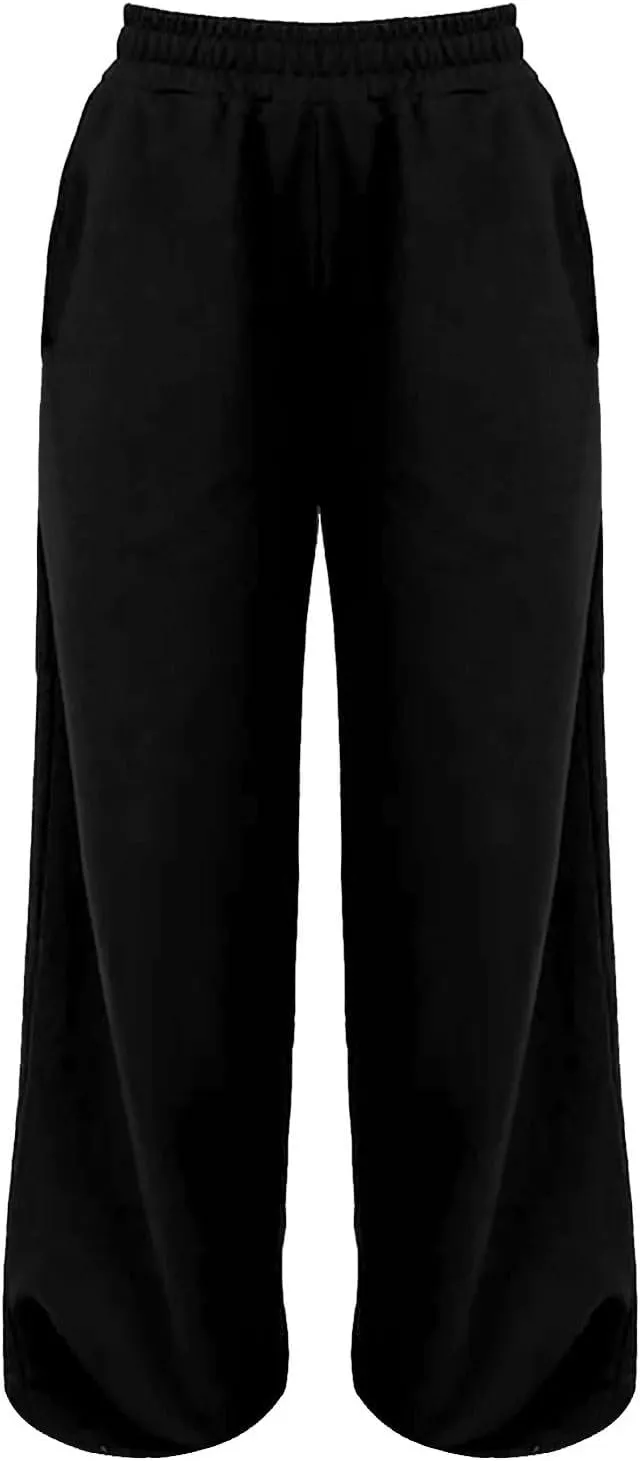 Women's Wide Leg Pants Solid Color Elastic Waist Loose Straight Leg Trousers Casual Running Workout Long Lounge Sweatpants
